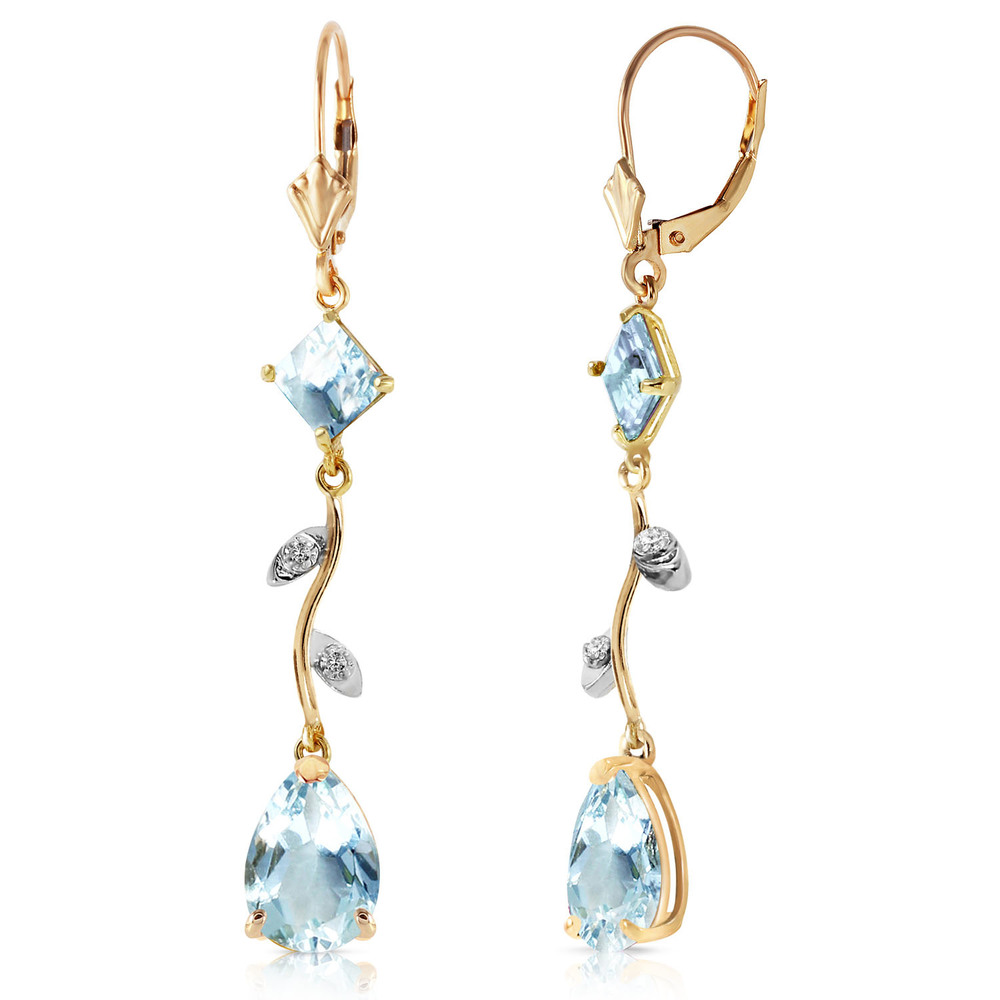 14K. GOLD CHANDELIERS EARRING W/ DIAMONDS & AQUAMARINE (Yellow Gold) - Picture 3 of 3